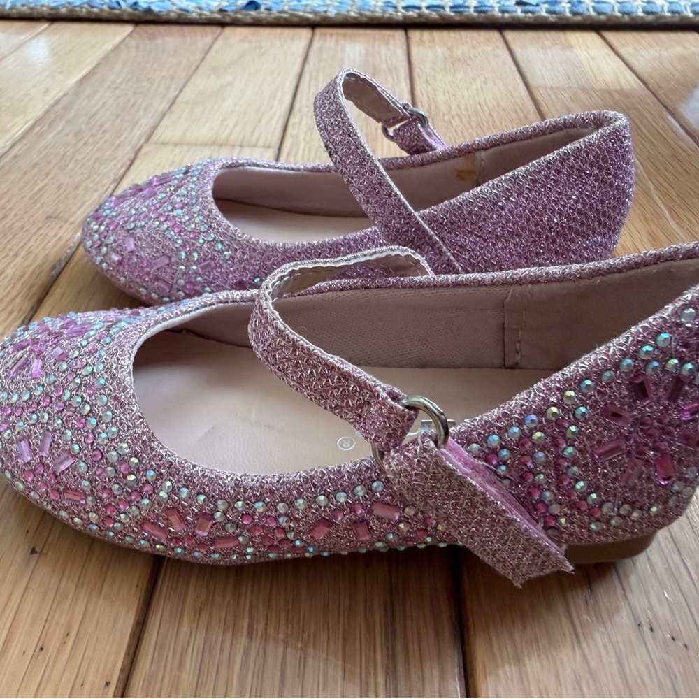 Girls Pink Glitter Jewel Mary Jane Flats